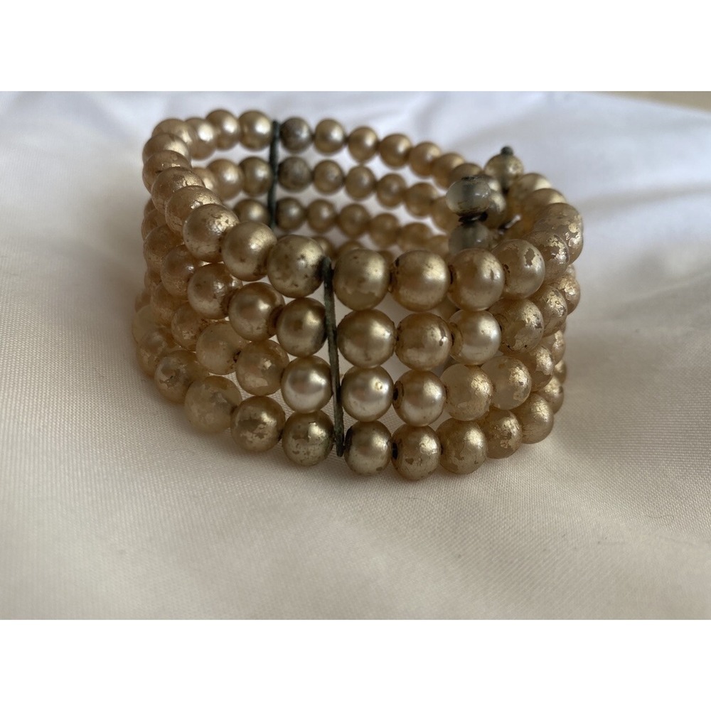 Vintage Faux Pearl Wrap Bracelet Spring Wire‎ Cuff Beaded Fits All Champagne